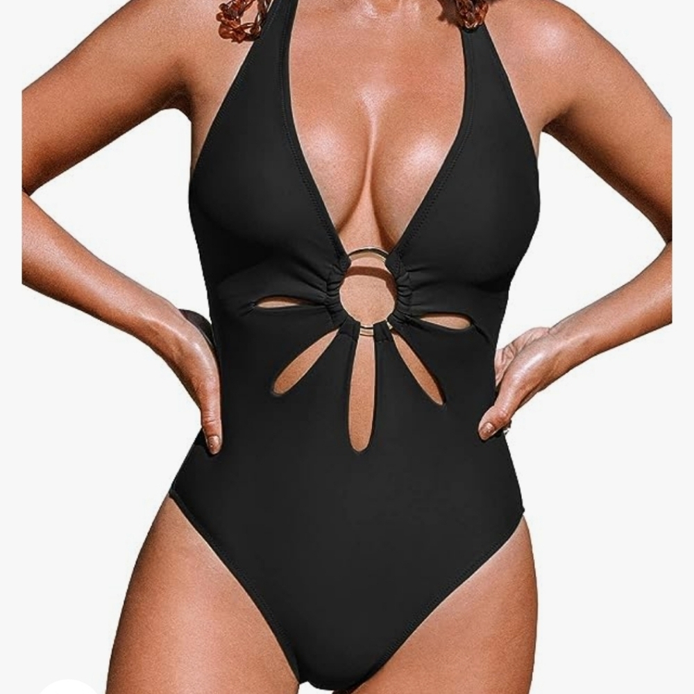 XS‎ Black Sexy Halter One Piece with gold tone ring in center